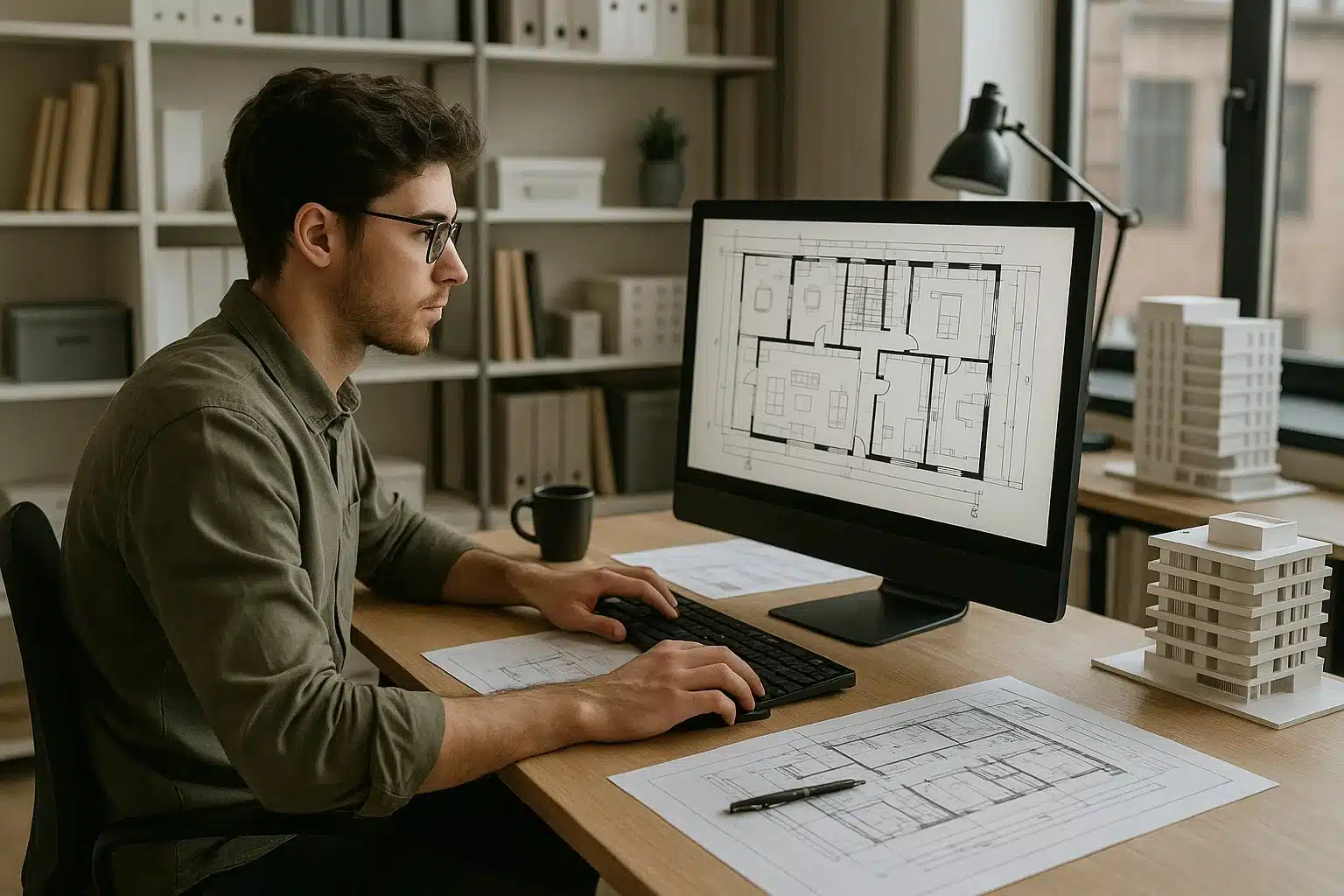 Mimarlık ofisinde bilgisayar başında bir proje üzerinde çalışan mimarlık stajyeri