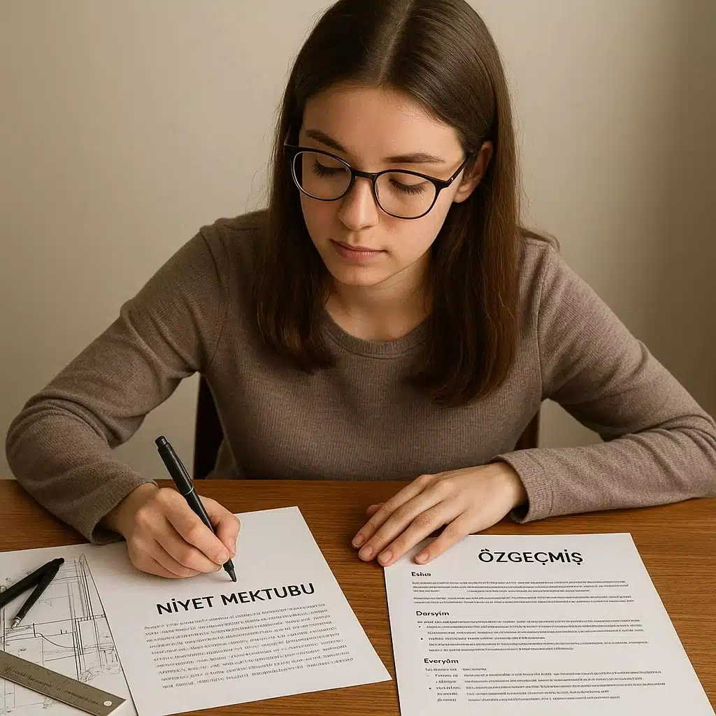 Mimarlık stajı başvurusu için özgeçmiş ve niyet mektubu hazırlayan bir öğrenci