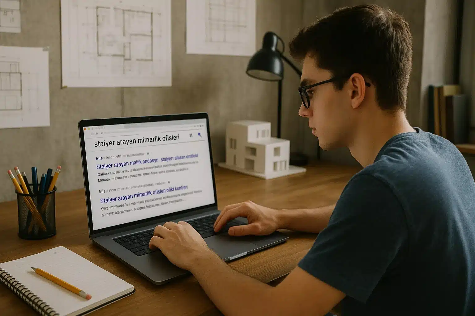 Bilgisayar başında stajyer arayan mimarlık ofislerini araştıran bir öğrenci