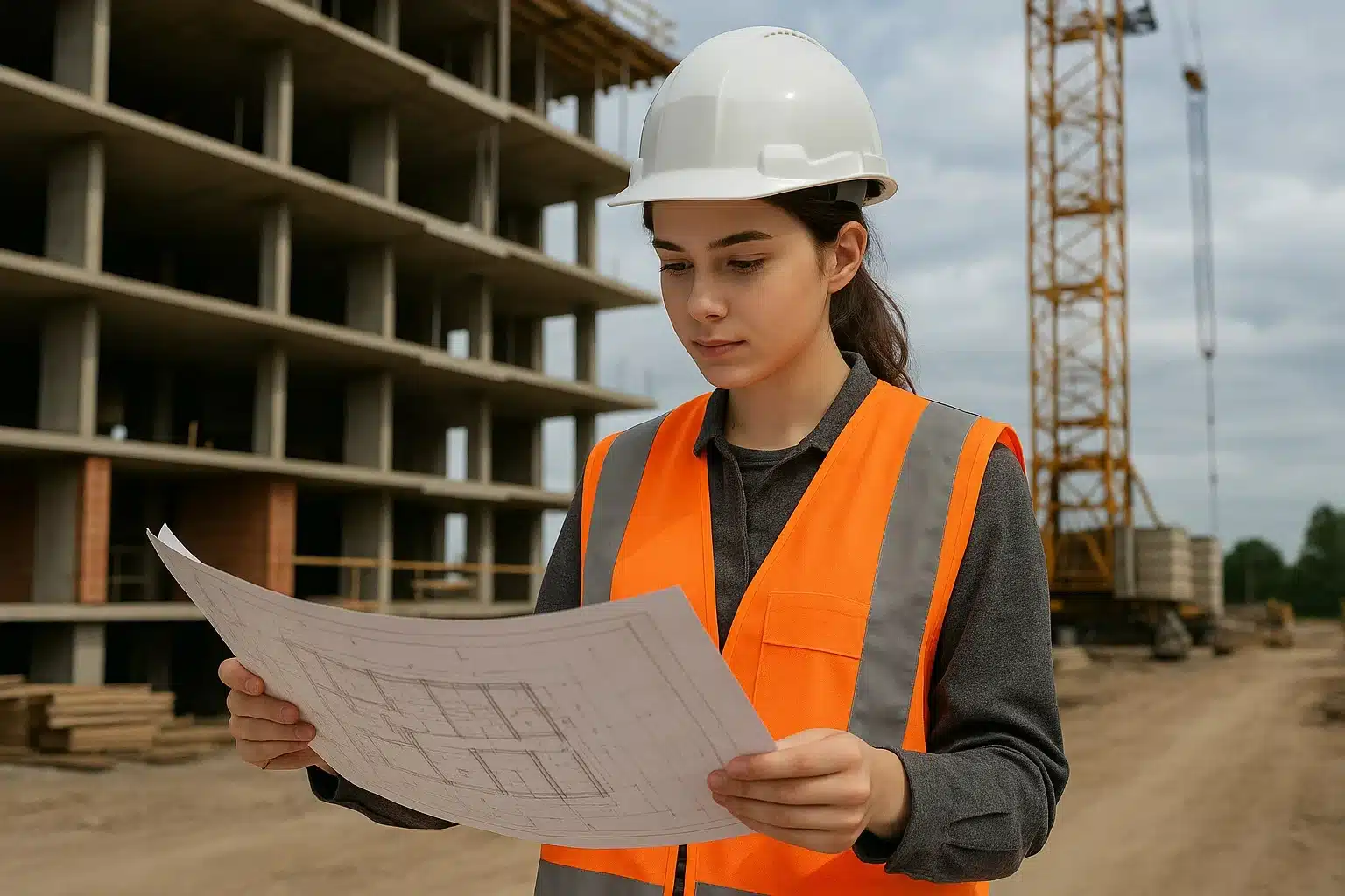 Şantiyede baret ve yelek giymiş, projeyi inceleyen bir mimarlık stajyeri