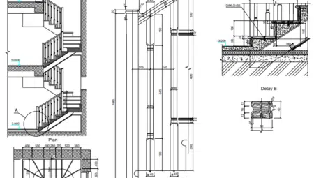 Ahşap Merdiven Detay Kesit Plan DWG
