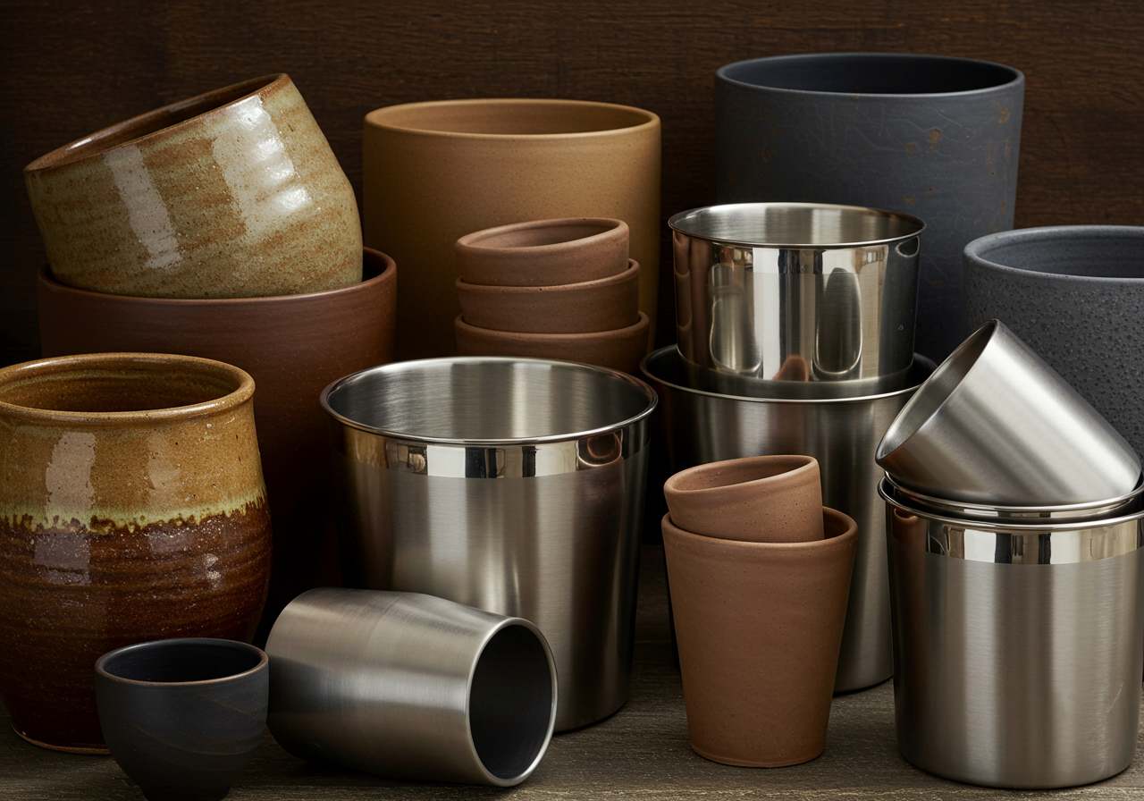 Farklı boyutlarda ve malzemelerde saksılar