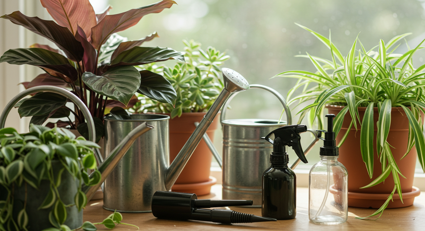 Ev bitkileri için doğru sulama yöntemlerini gösteren çeşitli sağlıklı bitkiler ve sulama kapları