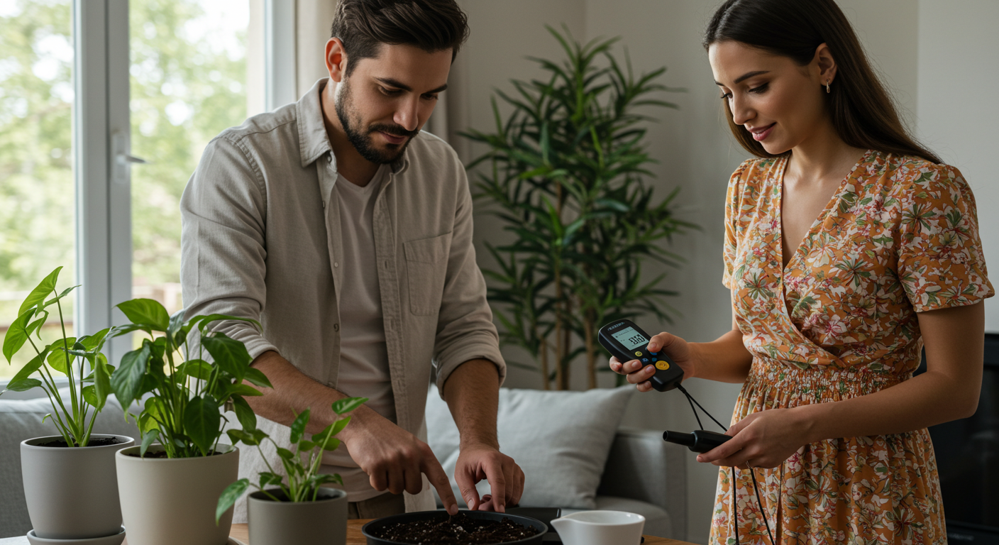 Ev Bitkileri Ne Zaman Ne Kadar Sulamalı? anlamak için parmakla toprak nemi kontrolü ve nem ölçer kullanımı