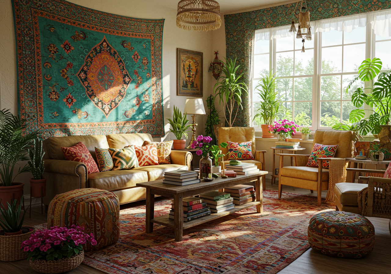 Canlı renkler, etnik desenler ve bitkilerle dolu, eklektik Ev iç dekorasyon modelleri örneği olan bohem bir oda.