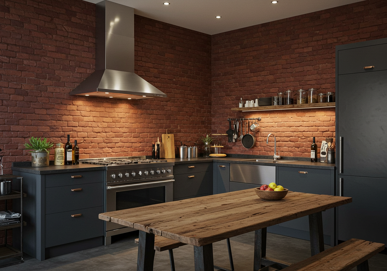 Tuğla duvarlar ve metal detaylarla endüstriyel tarzda bir mutfak.