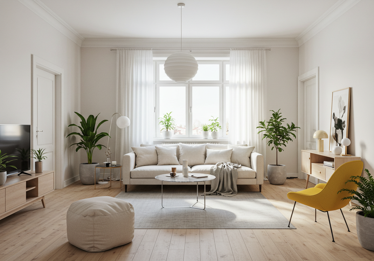 Açık renkler, modern mobilyalar ve geniş pencerelerle aydınlık bir 3+1 Ev Dekorasyonu salon örneği.