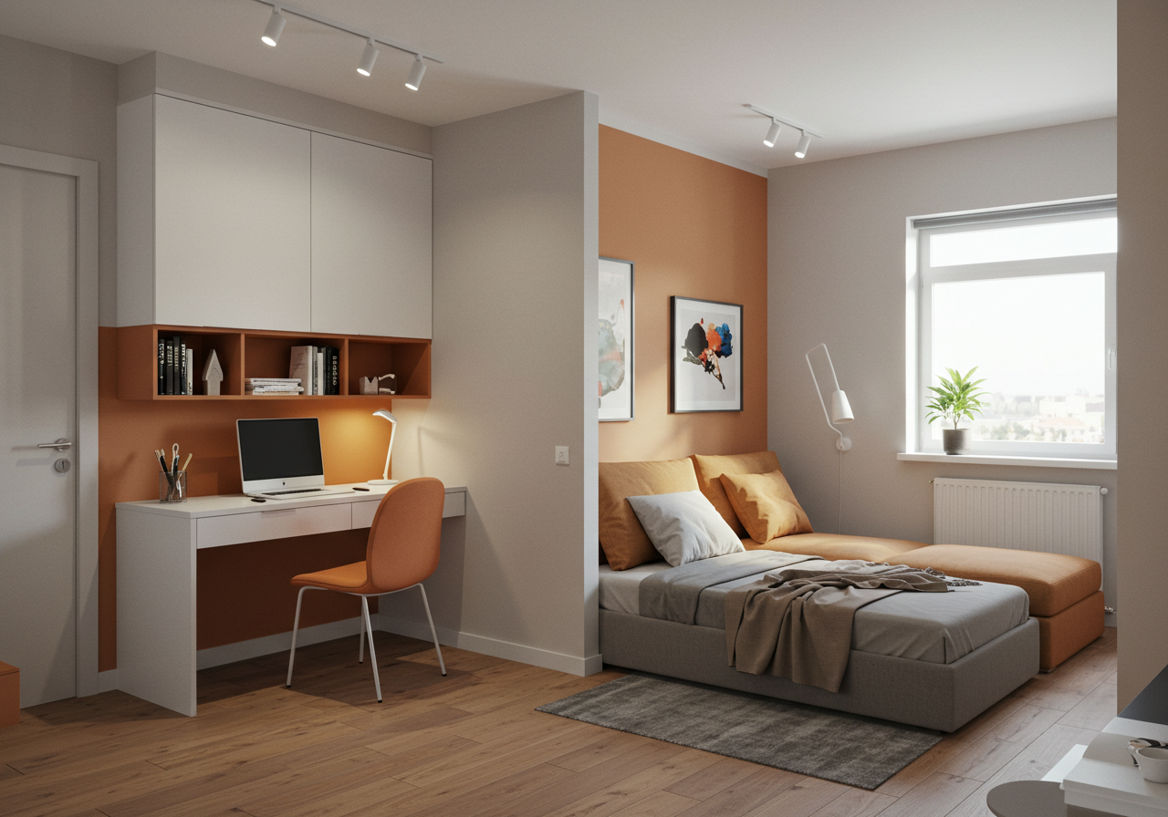 Çalışma alanı ve misafir yatağı içeren fonksiyonel bir 3+1 Ev Dekorasyonu için çok amaçlı oda tasarımı.