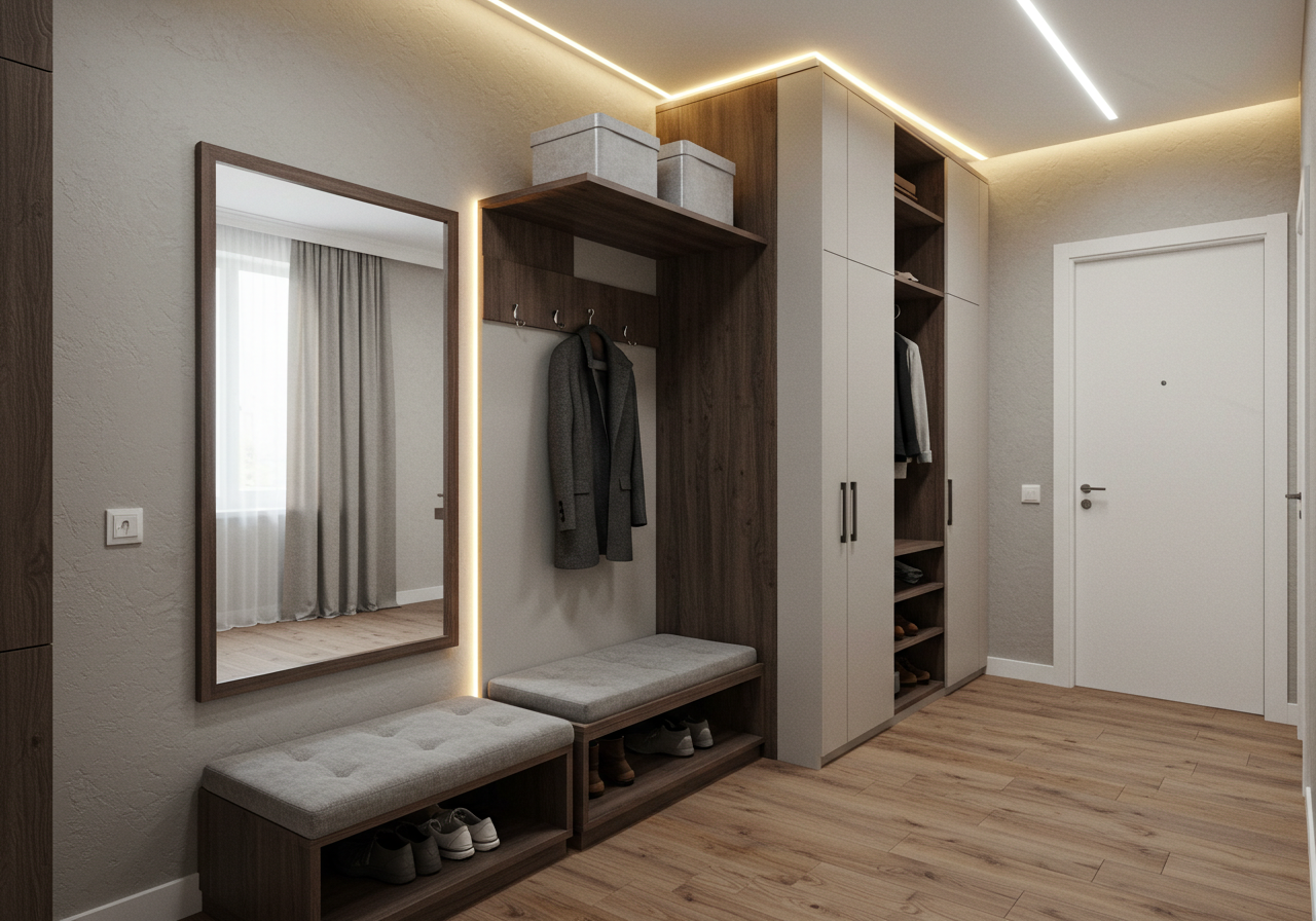 Şık depolama çözümleri ve aydınlatmasıyla davetkar bir giriş holü.