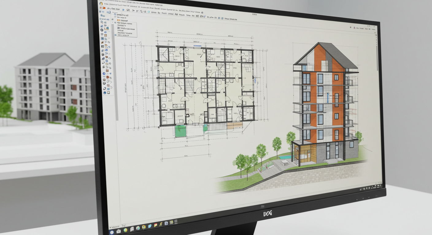 Bir bilgisayar ekranında AutoCAD programında çizilmiş detaylı bir kat planı ve kesit.