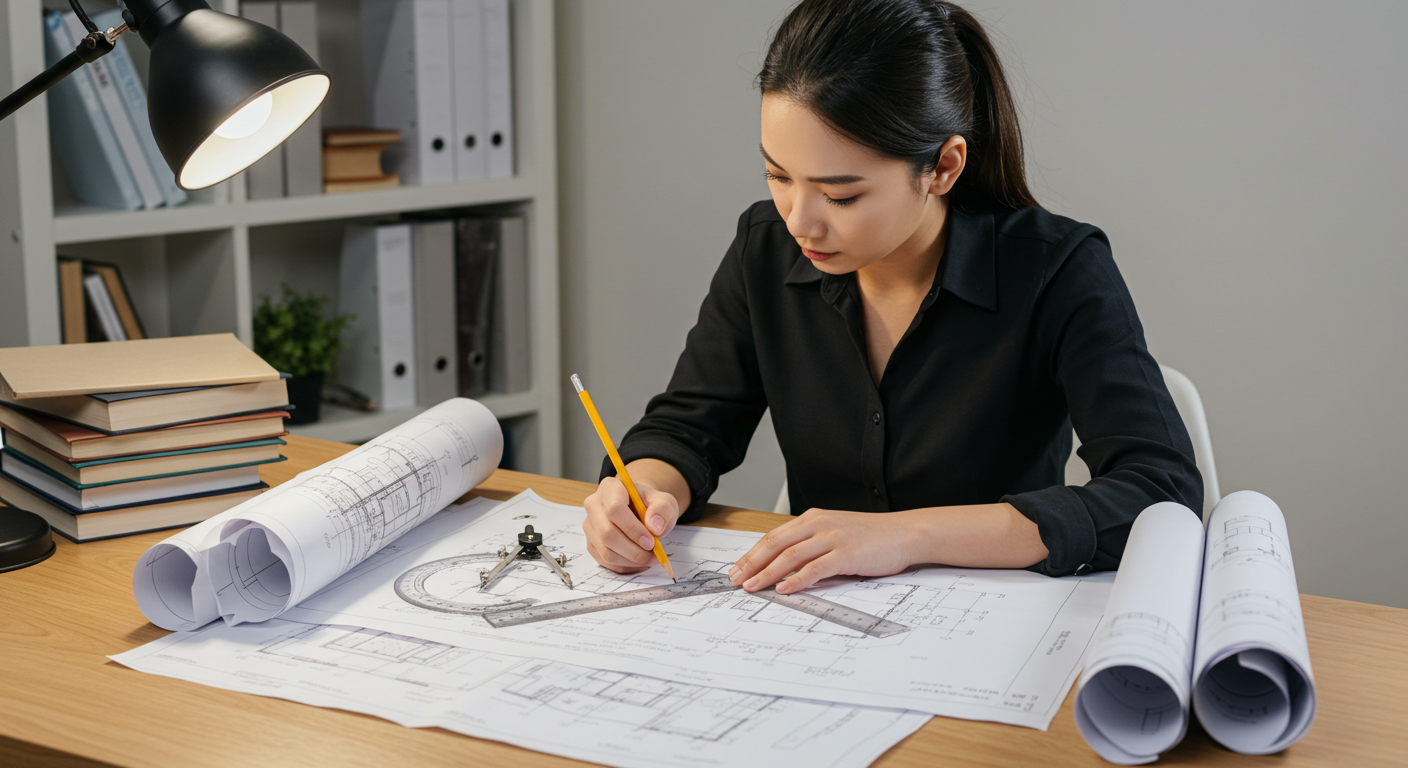 Teknik çizimler ve planlar içeren bir masada profesyonel mimarlık ödev yaptırma çalışması.