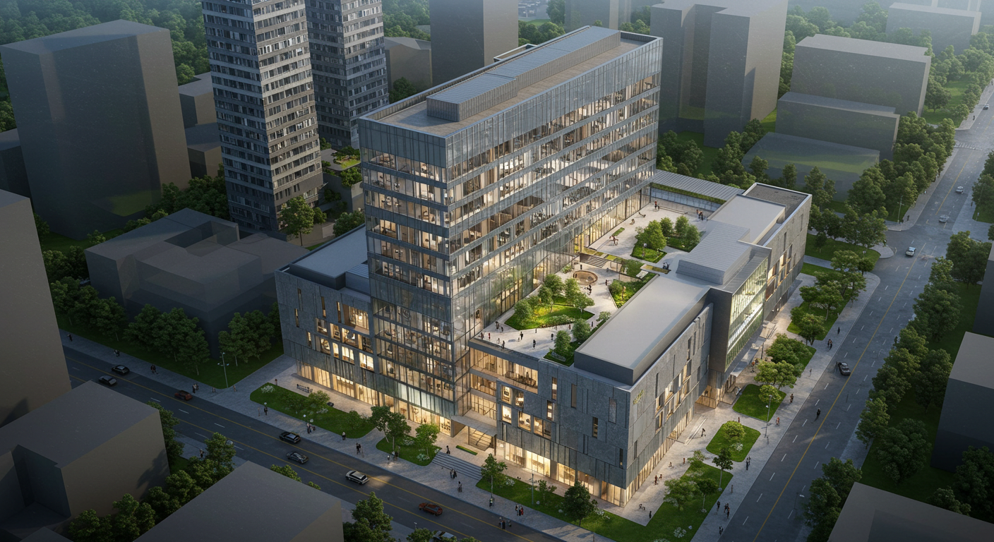 Modern bir yapının fotogerçekçi 3D render görseli.