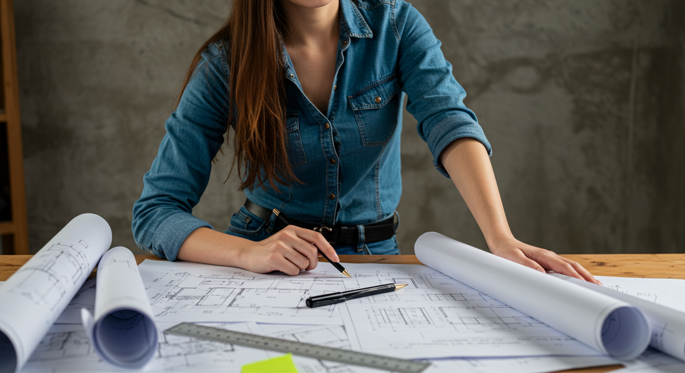 Masa üzerine yayılmış mimari planlar ve eskizler. Profesyonel bir mimari proje yardım sürecinin başlangıcı.