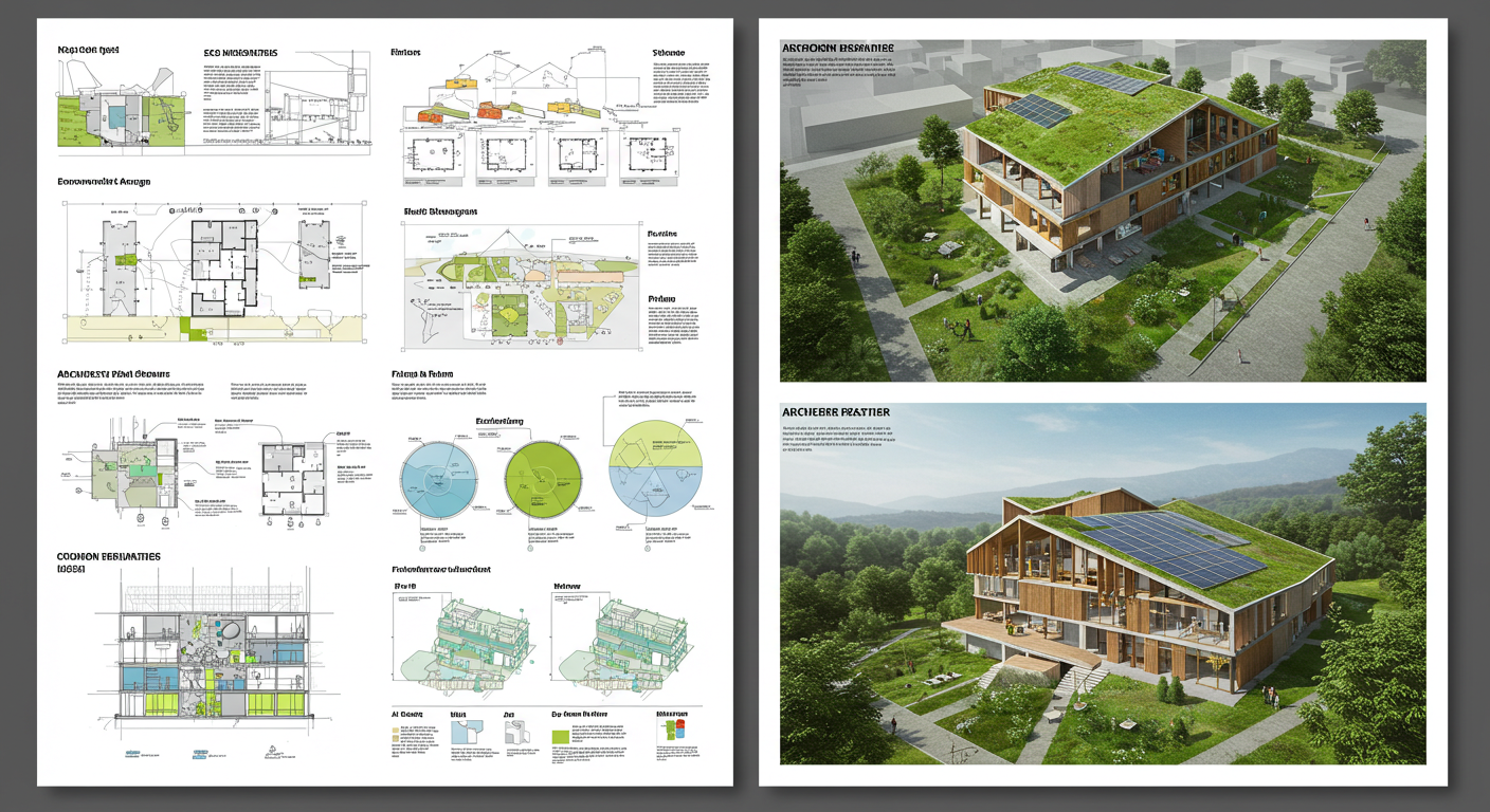 İyi tasarlanmış, diyagramlar ve render'lar içeren bir mimari sunum paftası.