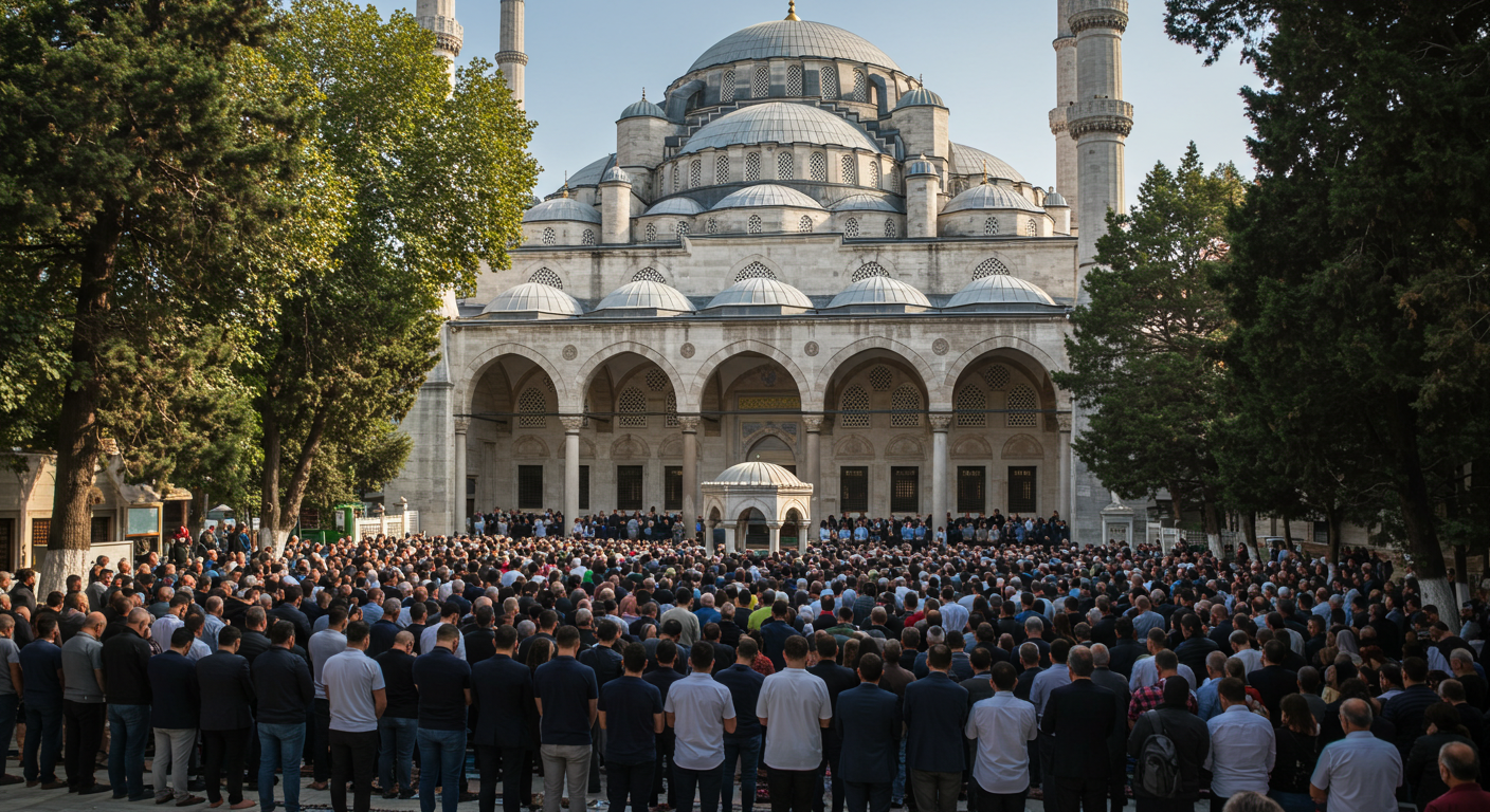 Hatuniye Camii'nde cenaze namazı için toplanan kalabalık.