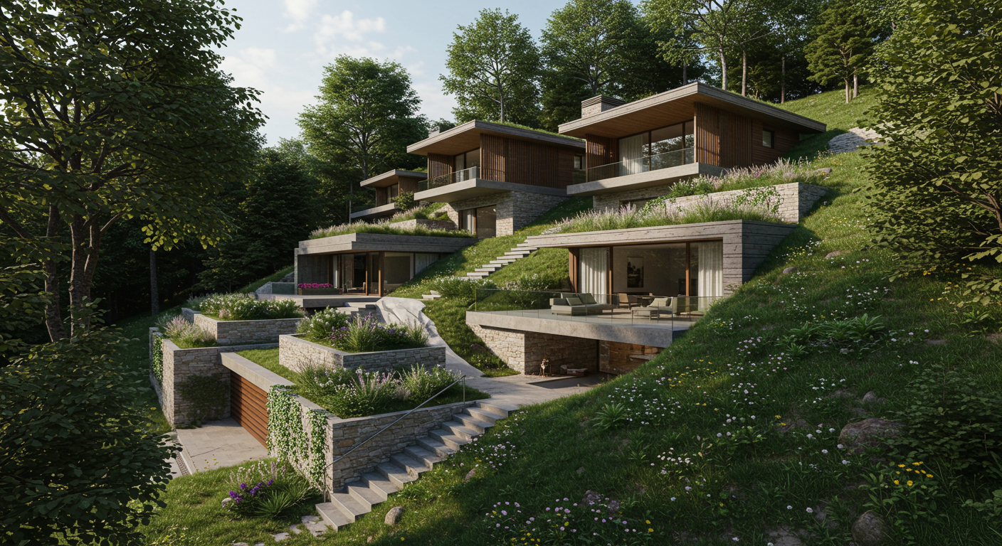 Eğimli bir araziye mükemmel şekilde entegre edilmiş, modern bir topografya uyumlu mimari örneği.