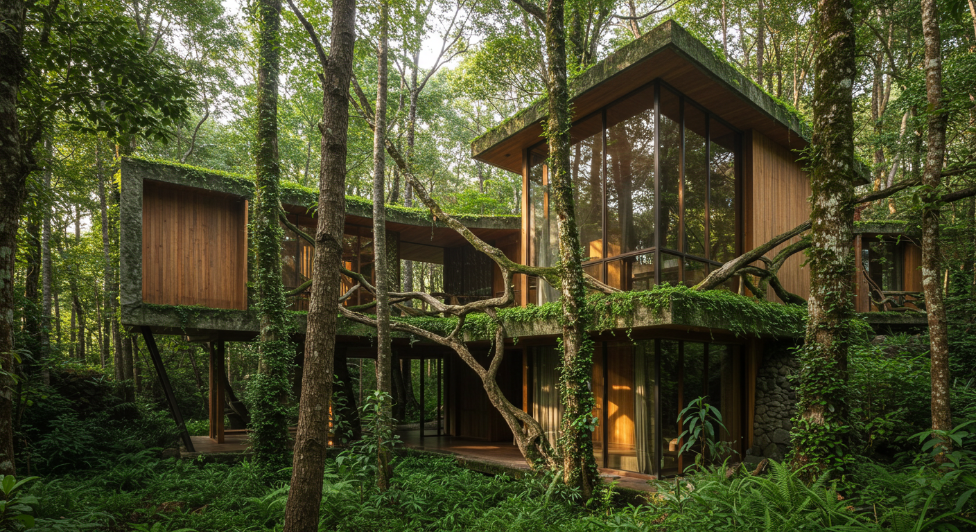 Doğal malzemelerle inşa edilmiş ve orman dokusuyla bütünleşmiş bir yapı.