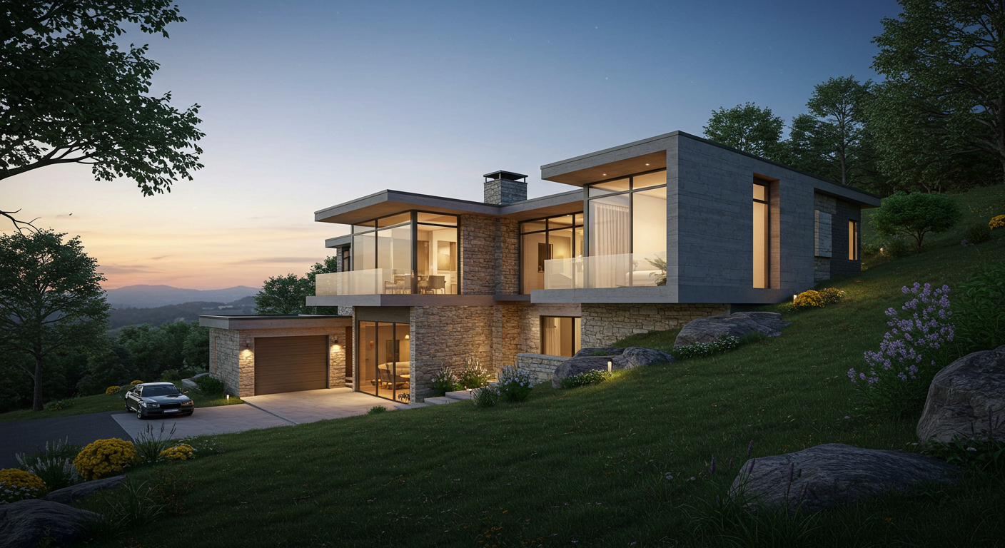 Manzaraya hakim bir yamaçta konumlandırılmış, modern topografya uyumlu mimari.