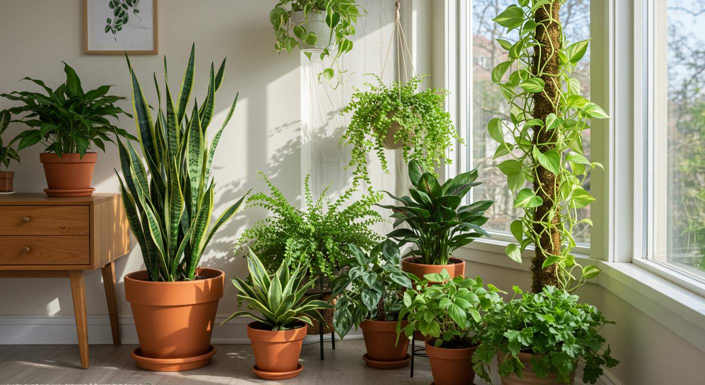 Farklı türlerde, aydınlık bir odada sergilenen popüler ev bitkileri.