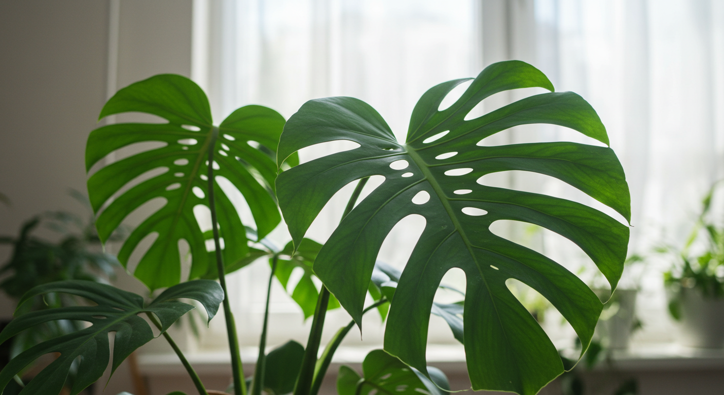 Görkemli ve delikli yapraklarıyla bir Monstera Deliciosa bitkisi.