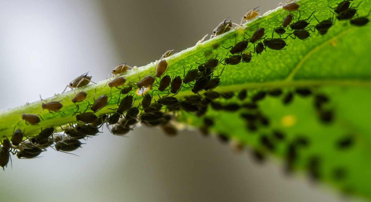 Bir bitki yaprağını istila etmiş yaprak bitleri yakından görünüm.