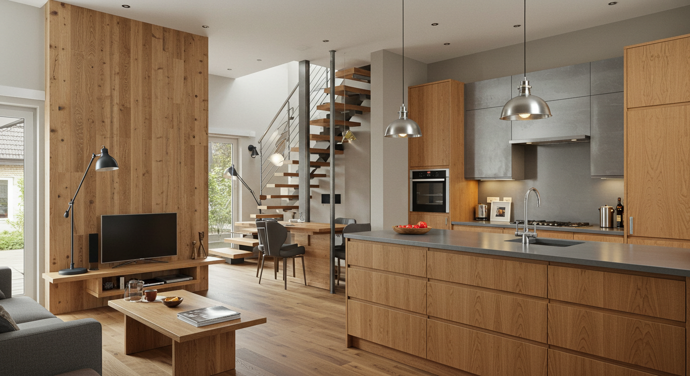 Doğal ahşap ve metal detayların birleştiği bir Modern Ev dekorasyon örneği.