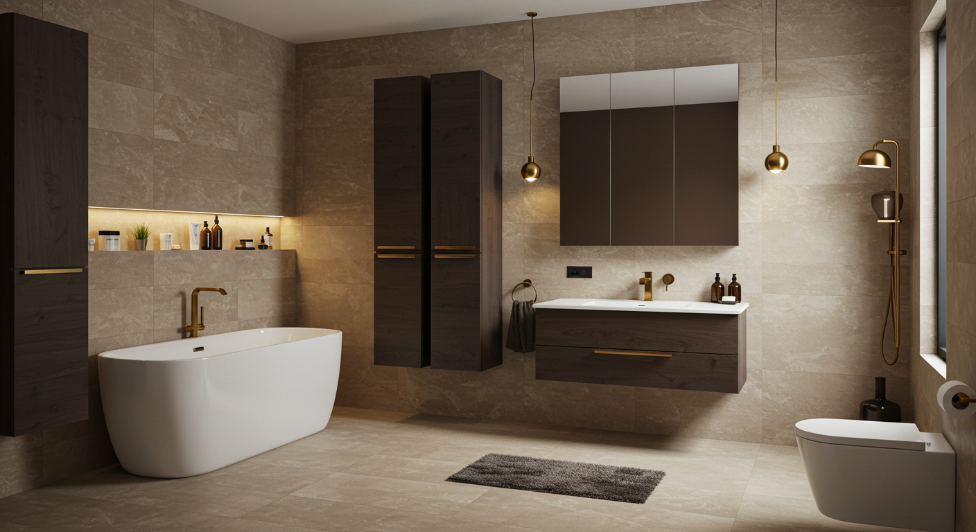 Geniş formatlı fayanslar ve duvara monte dolaplarla modern banyo tasarımı.