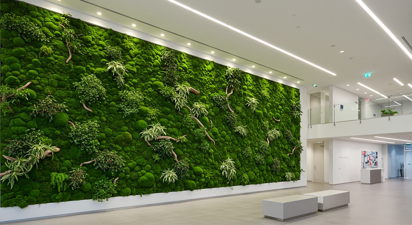 Ofis ortamında uygulanmış modern bir yosun duvar.