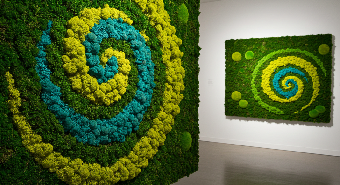 Farklı renklerdeki yosunlardan yapılmış sanatsal bir tablo.