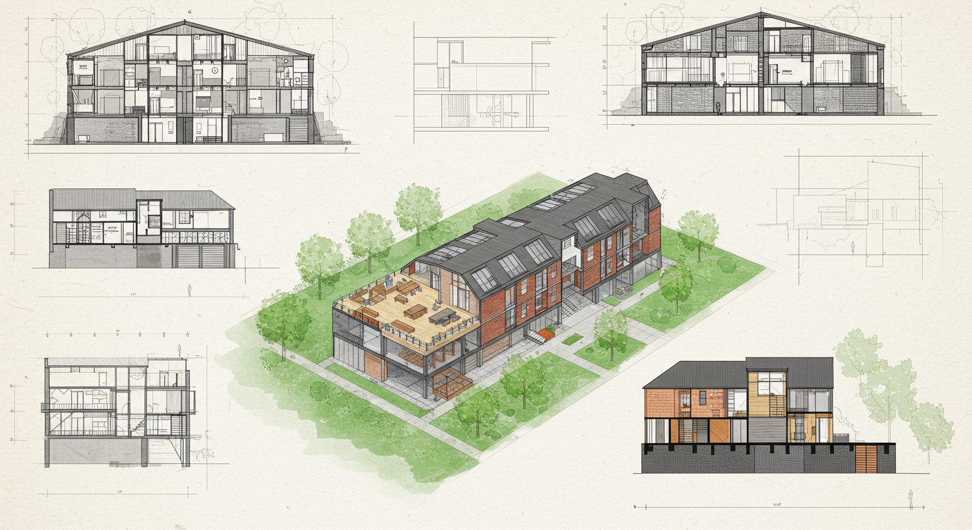 Bir mimari projenin plan ve kesit çizimleri.