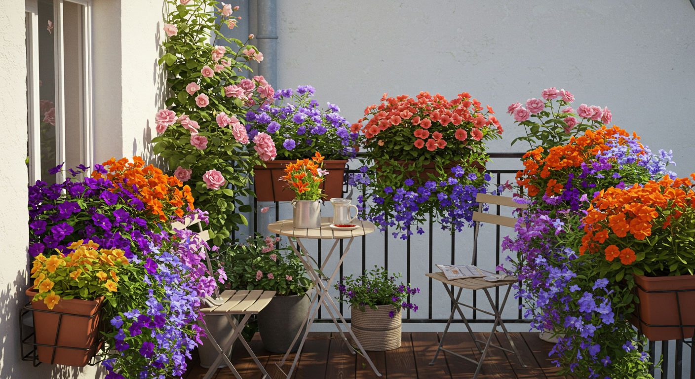 Rengarenk çiçeklerle dolu, ilham verici bir balkon düzenlemesi.