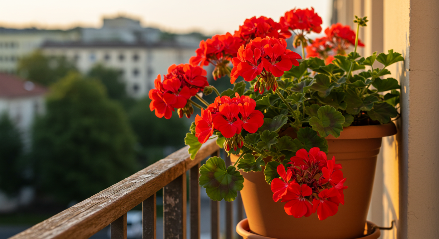 Parlak kırmızı sardunyalarla dolu bir balkon saksısı.