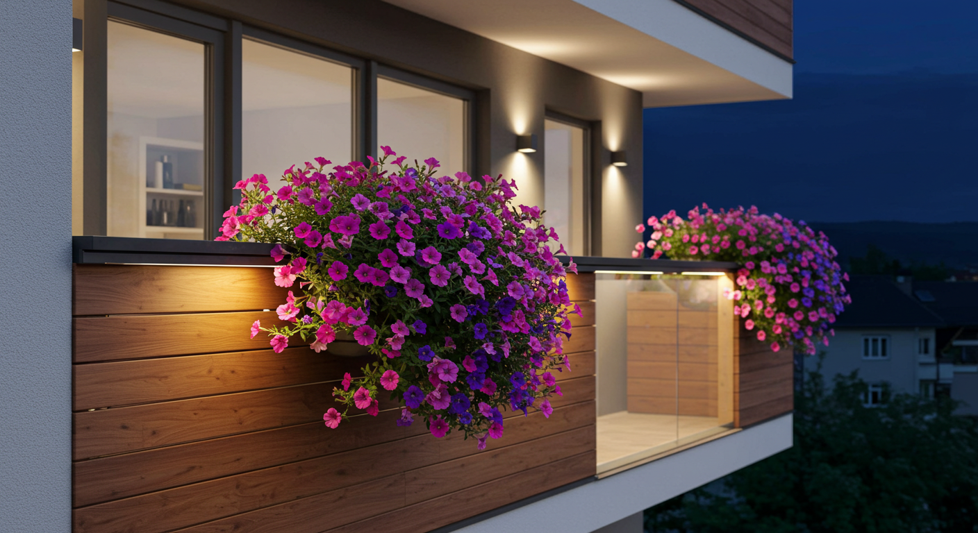 Mor ve pembe petunyaların sarkan bir sepetten döküldüğü, en güzel bakımı kolay balkon bitkileri örneklerinden biri.