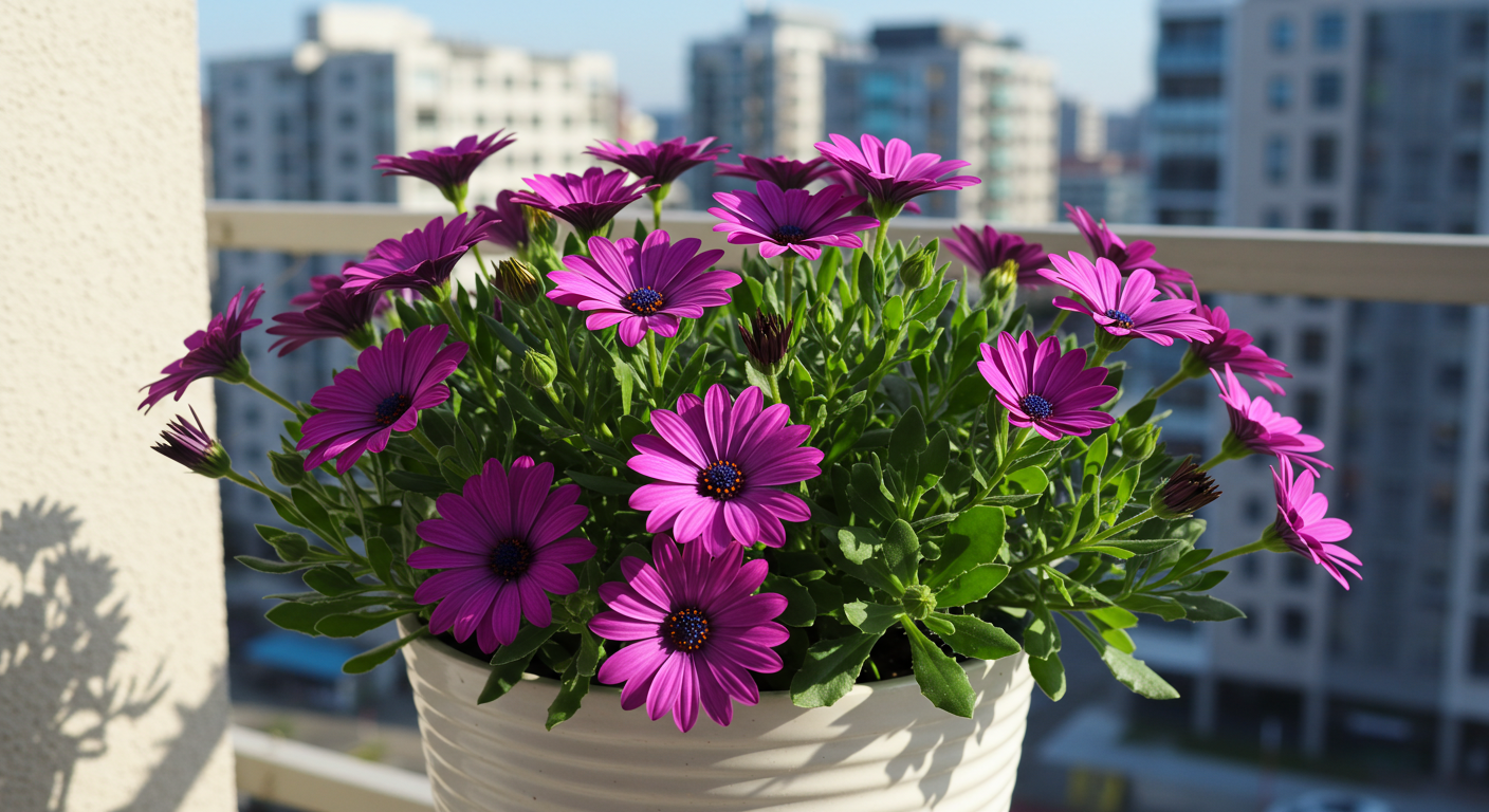 Canlı mor renkte bir Bodrum Papatyası çiçeği.