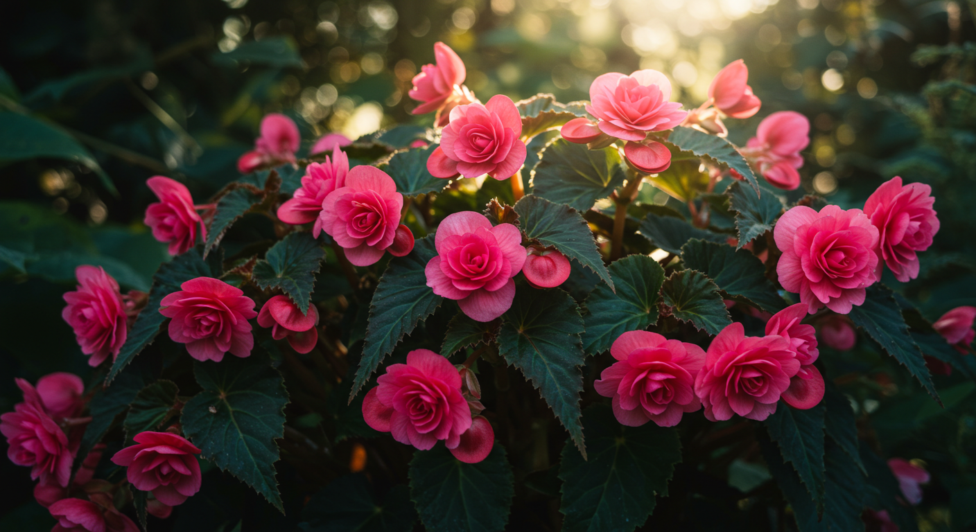 Gölgede gelişen parlak pembe çiçekli bir begonya bitkisi.