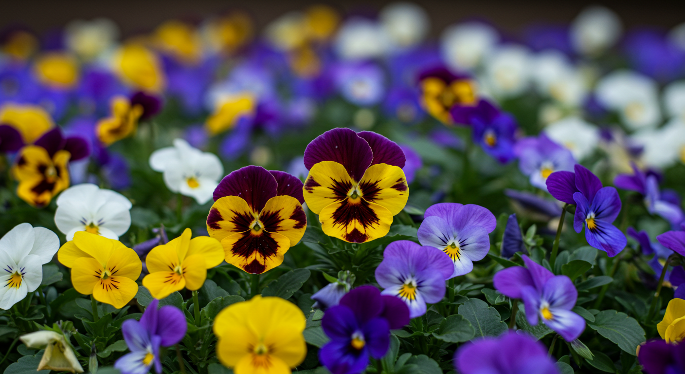 Farklı renklerde hercai menekşelerin bir aradaki görünümü.
