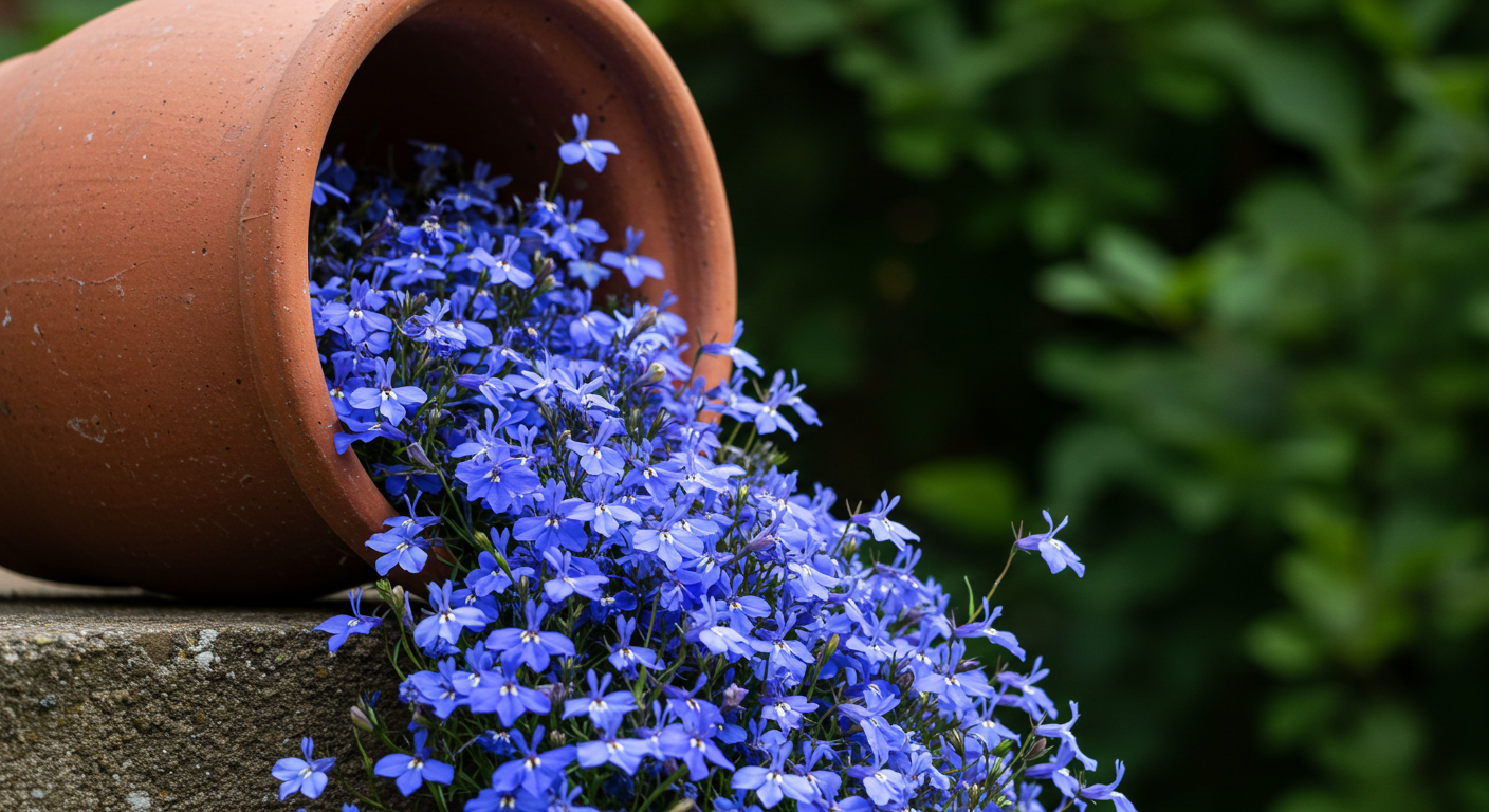 Mavi lobelya çiçeklerinin bir saksıdan şelale gibi dökülüşü.