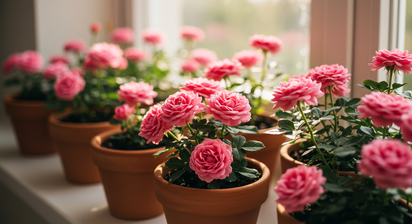 Saksıda yetiştirilmiş pembe minyatür güller.