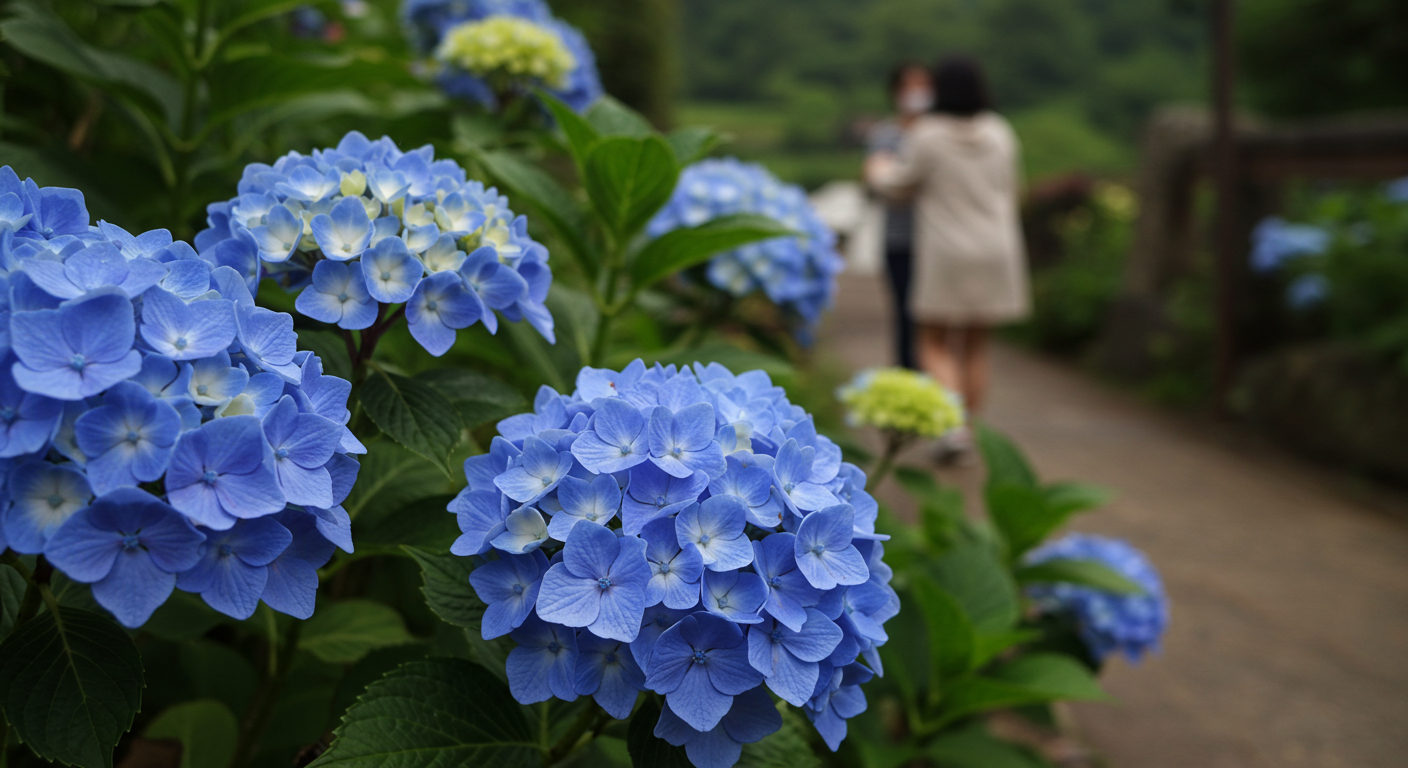 Büyük mavi çiçeklere sahip bir ortanca bitkisi.