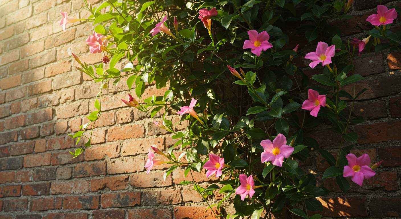 Bir duvara tırmanan pembe mandevilla sarmaşığı.