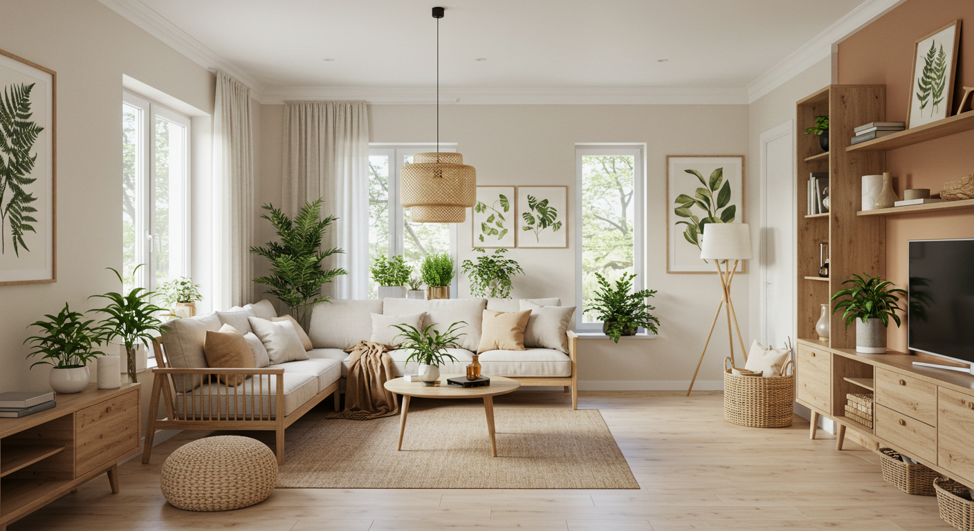 Doğal malzemeler ve bitkilerle zenginleştirilmiş, 2025 iç dekorasyon trendleri ile uyumlu aydınlık bir yaşam alanı.