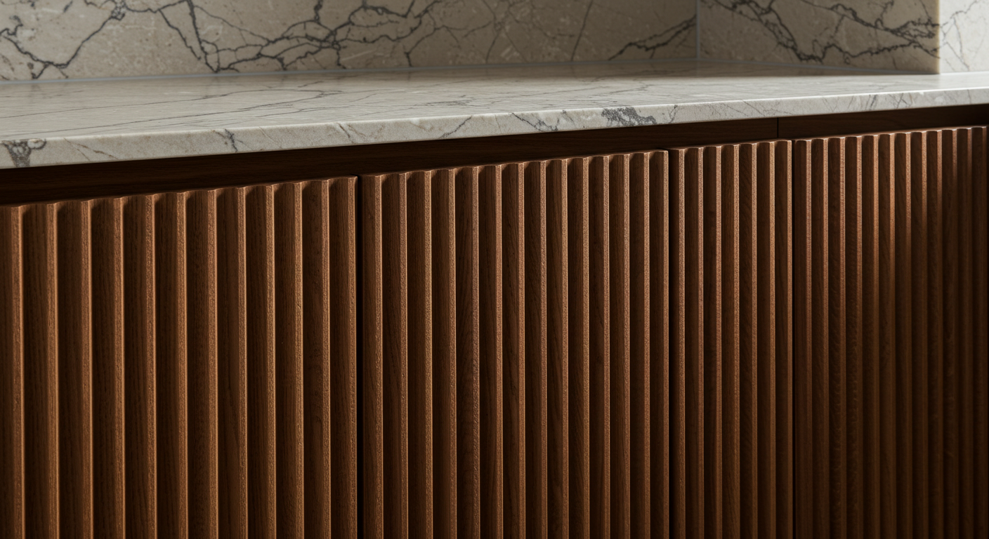 Yivli ahşap dolap kapakları ve mermer tezgahın birleşimiyle dokusal zenginlik sunan bir mutfak detayı.