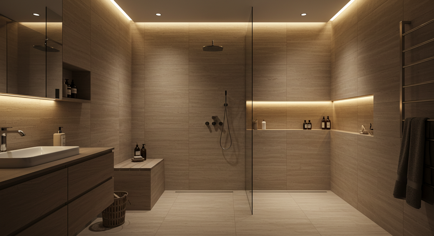 Sıcak tonlarda loş aydınlatmaya sahip, rahatlatıcı bir banyo tasarımı.