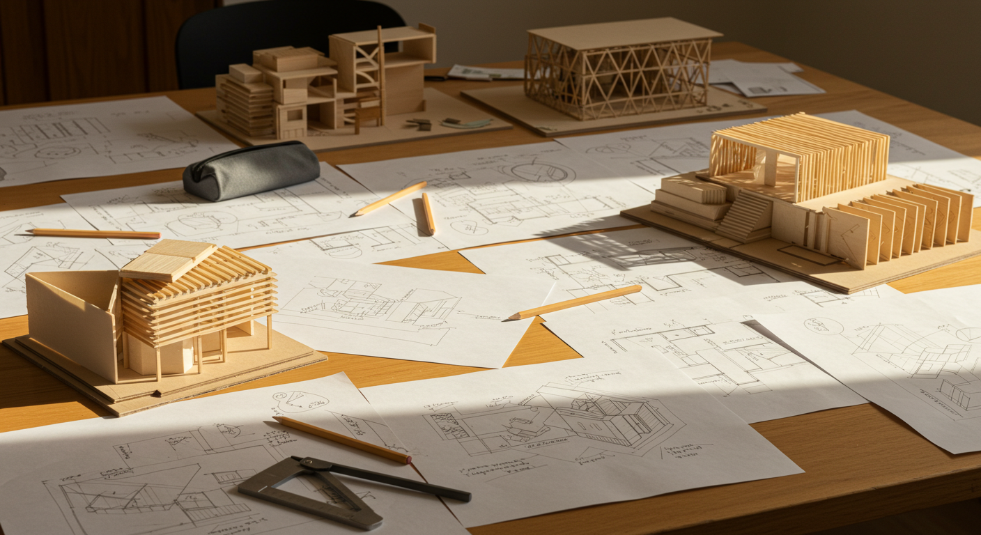 Bir masanın üzerinde duran ve gelişim sürecini gösteren mimarlık öğrenci projeleri çizimleri ve maketleri.