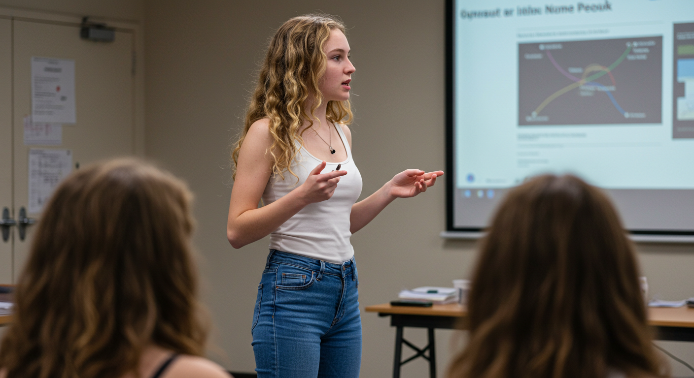 Bir öğrenci, jüriye etkileyici bir proje sunumu yapıyor.