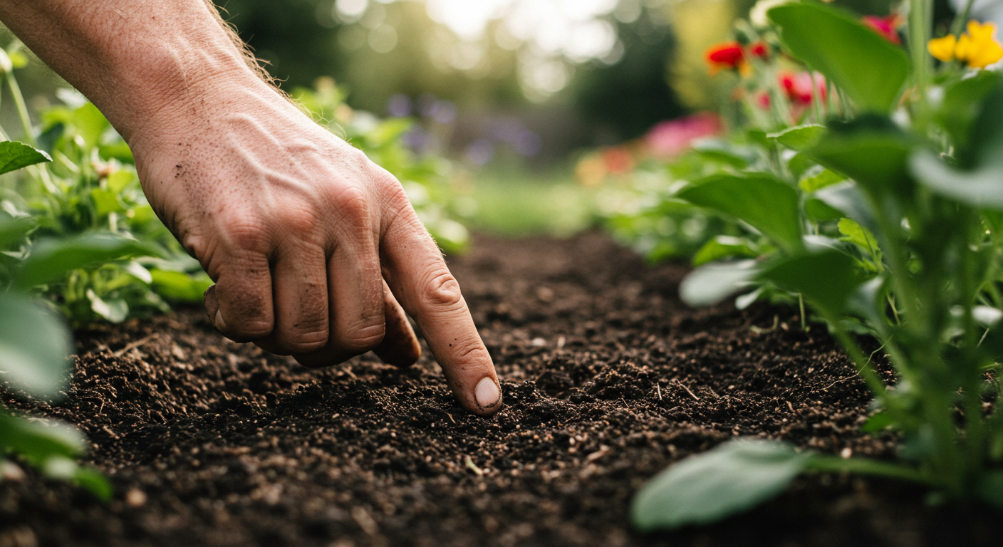 Toprağın nemini parmağıyla kontrol eden bir bahçıvan eli, doğru sulamanın önemini gösteriyor.
