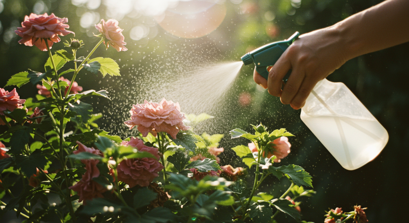 Yazın bahçe bakımı sırasında çiçek açmış bir bitkiye sıvı gübre veriliyor.