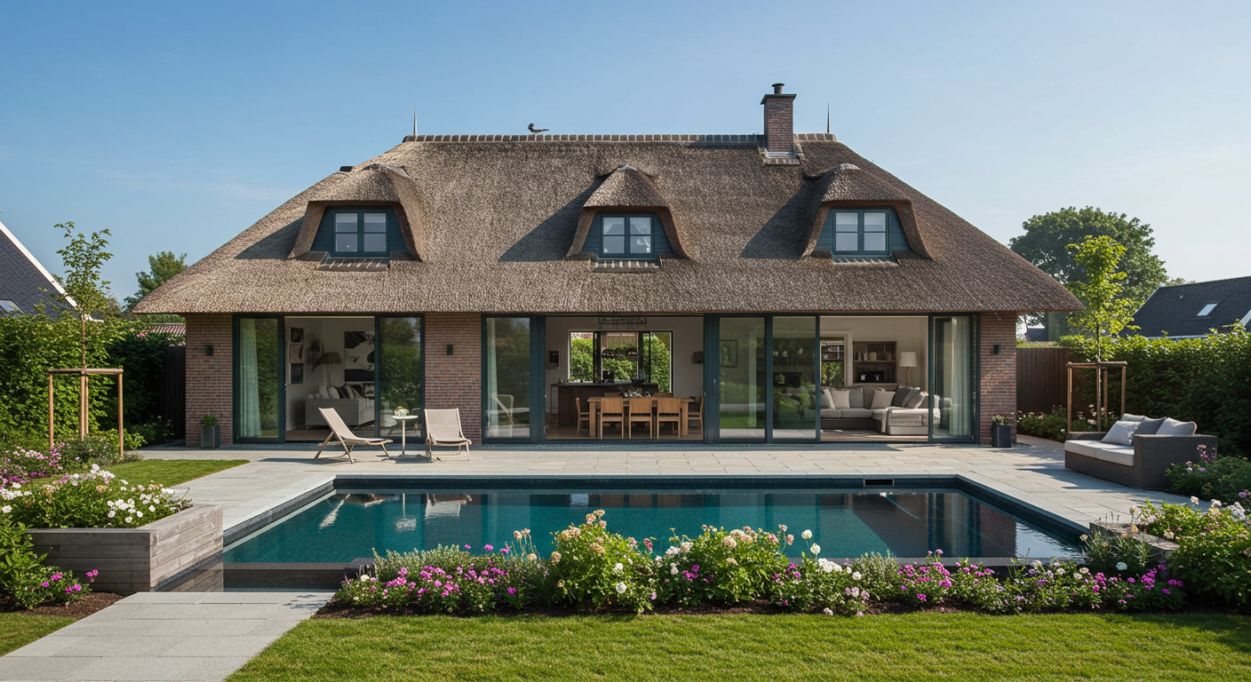 Hollanda'da modern peyzajla çevrili, havuzlu ve cam duvarlı lüks saz çatılı kır evi.