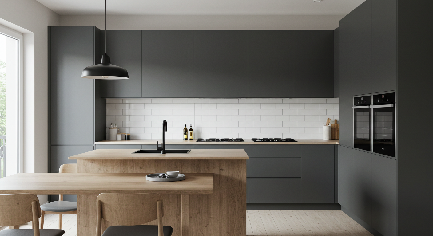 Antrasit ve ahşap detayların hakim olduğu modern ve minimalist mutfak tasarımı.