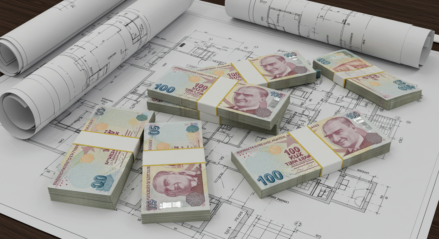 Bir masanın üzerinde duran mimari planlar ve yeni mezun mimar maaşı beklentileri.